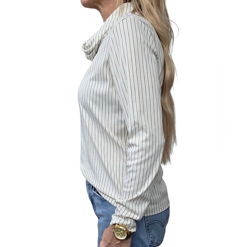 Vintage Alex Colman Pinstripe Cowl Neck Long Sleeve Top Minimalist Chic - Picture 3 of 9